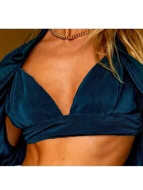 12th Tribe Blue Rib Velvet Velour V-neck Sleeveless Crop Corduroy Bra Tank Top S